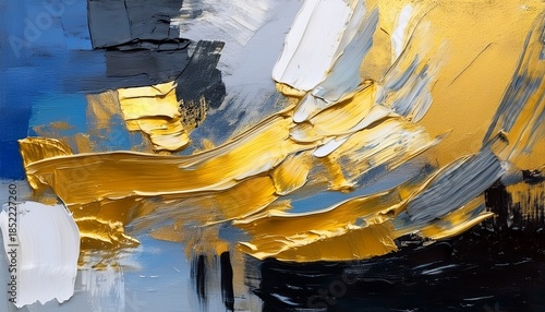 Closeup Of Abstract Rough Golden Black Grey Blue White Art Painting With Oil Brushstroke Pallet Knife Painting As Texture And Banner