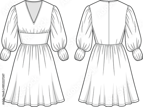 Women's puff sleeve dress technical sketch, fashion flat design, V-neck, pleated skirt, fitted waist, apparel CAD drawing, garment vector illustration