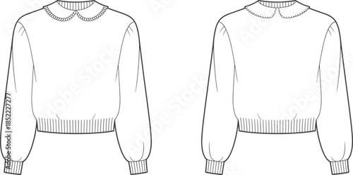 Women's cropped sweater with scalloped collar fashion illustration, front and back flat view, long sleeve knit pullover design for apparel production