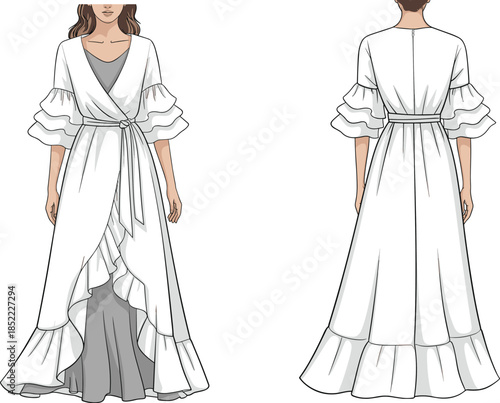 Women's wrap ruffle dress fashion illustration, front and back view flat vector, long sleeve belted gown design for apparel and textile production