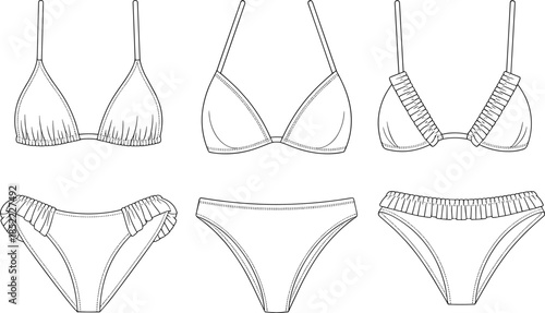 Women Bikini Swimwear Line Art Set Two Piece Swimsuit Tops and Bottoms Black and White Fashion Illustration