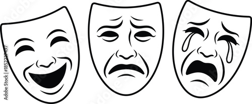 Theater Mask Emotions Silhouette Set Comedy Tragedy and Sad Faces Black and White Drama Symbol Illustration