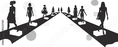 Fashion Runway Silhouette Illustration – Black and White Artistic Catwalk Scene Featuring Stylish Models, Abstract Background, and High-End Design Movement