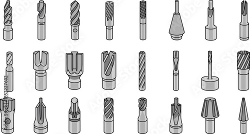Industrial CNC Cutting Tool Icon Set Metal Drill and Milling Bits Collection Isolated Gray Vector Illustration for Manufacturing Design