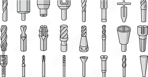 Dental Bur Vector Set – Black and White Line Art of 25 Rotary Instruments for Cavity Prep, Crown Removal, and Restoration Procedures