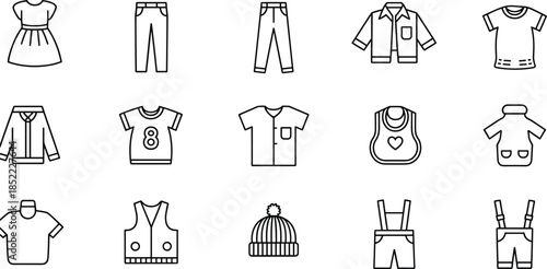 Clothing Icon Set – Black and White Line Art of Diverse Garment Styles Including Shirts, Pants, Dresses, Jackets, Hats, and Fashion Outlines