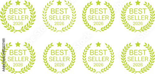 Green best seller award badge collection with laurel wreath, star emblem, and 2026 text, perfect for product promotion, marketing labels, achievements, and ecommerce branding