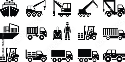 Logistics and construction vehicles silhouettes icon set, cargo transport, cranes, trucks, forklift and shipping industry symbols isolated on white background