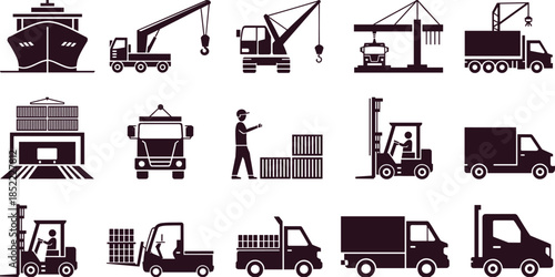 Shipping and logistics icon set vector, cargo handling equipment illustration, transportation and delivery symbols, warehouse and forklift operations, supply chain graphic design