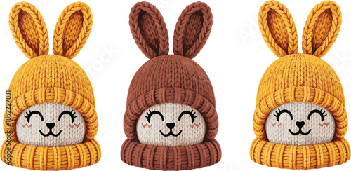 Cute knitted bunny hat characters illustration, cozy winter crochet animal faces in warm colors, kawaii style design for kids, fashion and seasonal decor