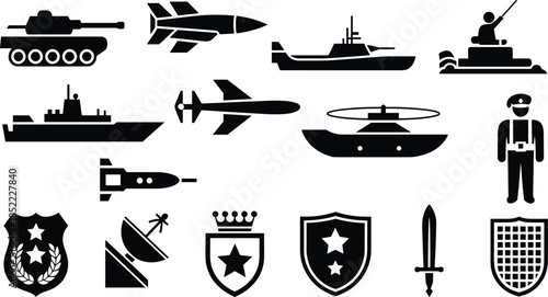 Military icon set vector illustration, defense and warfare symbols, black silhouette weapons and vehicles, tactical equipment design, law enforcement and armed forces graphic