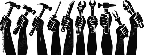Hands holding tools silhouettes showing construction and repair equipment, labor and industry concept, teamwork strength illustration isolated on white background