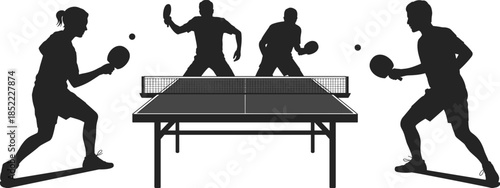 Table tennis doubles match silhouette, active players vector illustration, ping pong teamwork concept, competitive sports scene, dynamic paddle motion, fitness and recreation design