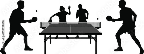 Table tennis silhouettes showing men and women players in action, competitive ping pong match, sports activity concept isolated on white background