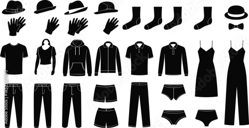 Clothing silhouette set with men and women fashion items, casual and formal apparel collection, accessories wardrobe icons isolated on white background