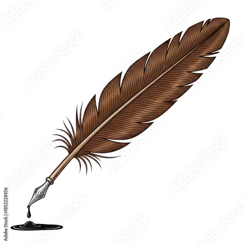 Feather Quill Pen Dripping Ink Black Background