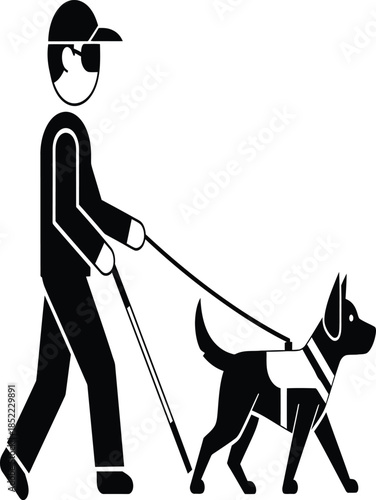 A simple black and white illustration depicts a person with a guide dog highlighting accessibility and companionship