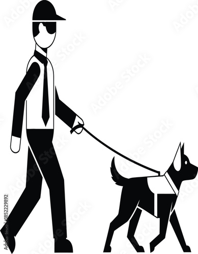 A simple black and white illustration depicts a man with a guide dog walking forward symbolizing assistance and companionship