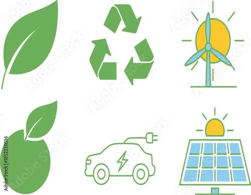 Illustrating sustainable energy sources and environmental conservation with icons of leaves recycling and renewable technologies