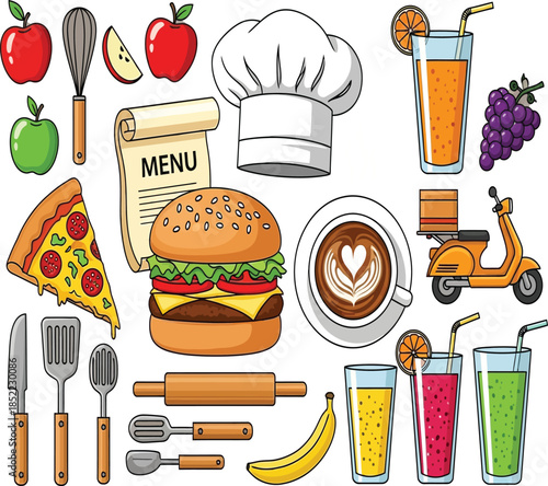 A colorful illustration showcasing various food items cooking utensils and beverages in a delightful cartoon style
