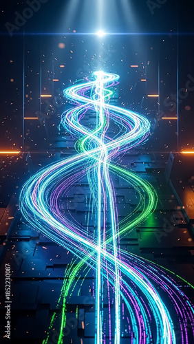 A vibrant, abstract digital landscape with colorful light trails creating a mesmerizing pathway.