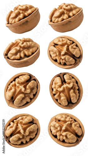 set of flying walnut halves in levitation, dynamic falling nuts composition isolated on transparent background PNG (अखरोट का लेविटेशन)