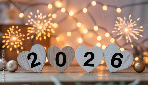 Wooden hearts with 2026 numbers for New Year celebration and greeting card design, festive bokeh background