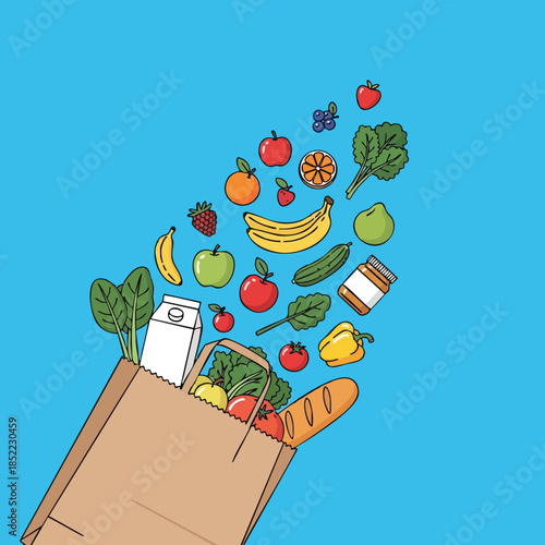 Grocery bag overflowing with fresh fruits and vegetables in vibrant colors against a bright blue background 