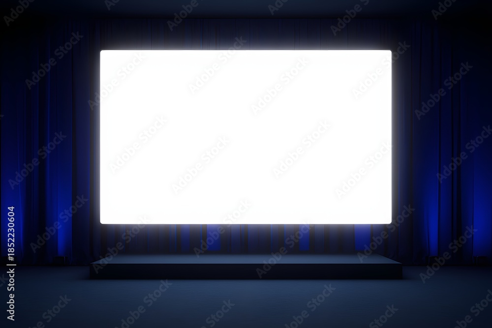 Fototapeta premium Presentation display on a stage with dramatic blue curtain background for showcasing content