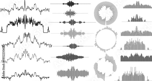 Collection of various sound waveforms and audio signal patterns