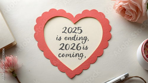 Heart shaped card with 2025 ending and 2026 coming message for New Year celebration, flat lay desk scene