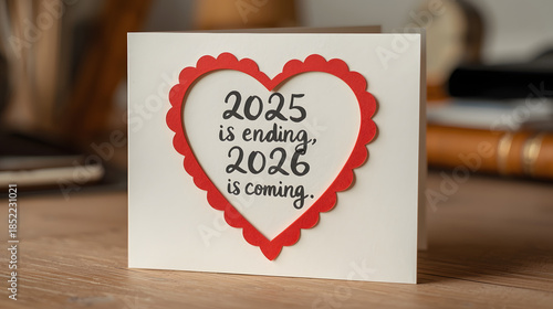 New Year greeting card with 2026 message for holiday celebration, wooden desk scene