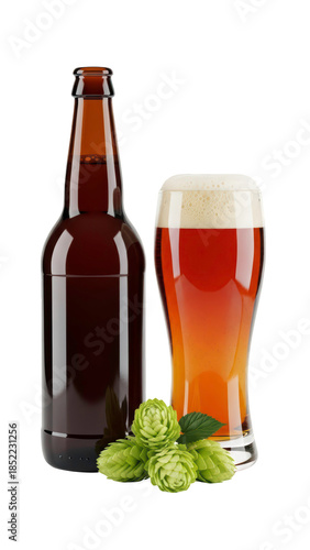 Brown beer bottle next to a glass of dark stout beer, brewery set mockup isolated on transparent background PNG (बीयर की बोतल और गिलास)