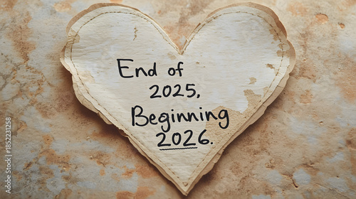 Heart shaped paper with end of year message for new beginnings and future planning, rustic background
