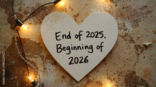 Heart shaped paper with 2025 and 2026 text, string lights for new year celebration on rustic background