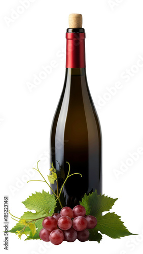 Dark wine bottle mockup decorated with rosemary and herbs at the base, isolated on transparent background PNG (मेंहदी के साथ शराब की बोतल)