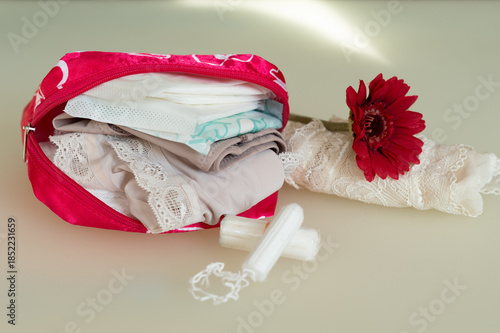 Fotografía Feminine still life with menstrual products, folded lingerie and a red flower, symbolizing menstruation, body care, self-care, and a calm, respectful approach to women’s health