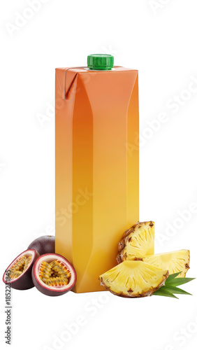 Tropical fruit juice carton mockup with pineapple and passionfruit, white pack isolated on transparent background PNG (आम और अनानास का रस)
