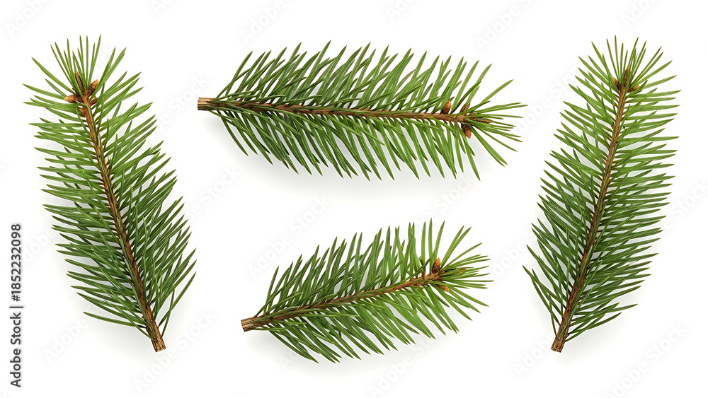 Obraz premium green spruce branches with sharp needles and small brown buds isolated on a pure white background for christmas winter and nature designs