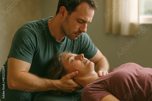 Therapist performing neck adjustment on relaxed woman lying on treatment table in softly lit therapy room