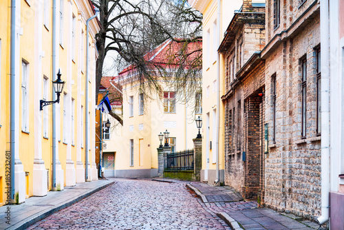 Принти на полотні Quiet historic rhythm defines a narrow cobblestone street in the Old Town, where pastel facades, stone walls and bare winter trees shape a calm medieval city scene