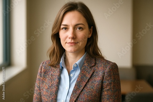 A confident professional woman in a patterned blazer and blue shirt looks directly at the camera with a subtle smile in an office setting