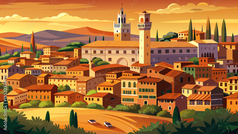 Fototapeta premium Very beautiful view of Siena’s medieval town square with historic brick buildings, warm earthy tones, and timeless Italian atmosphere reflecting centuries of culture and architectural heritage.