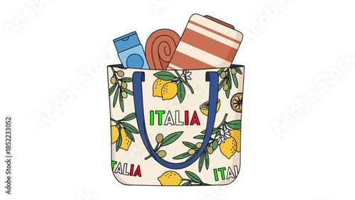 Beach bag decorated with lemons and Italian motifs, perfect for summer travel and holidays