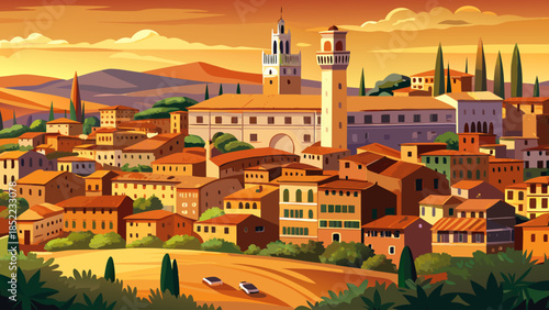 Very beautiful view of Siena’s medieval town square with historic brick buildings, warm earthy tones, and timeless Italian atmosphere reflecting centuries of culture and architectural heritage.