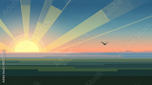 Bird flying across a vibrant sunrise sky over a serene landscape.