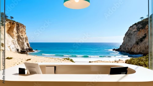 Reception counter in a luxury coastal resort or hotel with floor-to-ceiling glass doors opening onto a beach and blue ocean