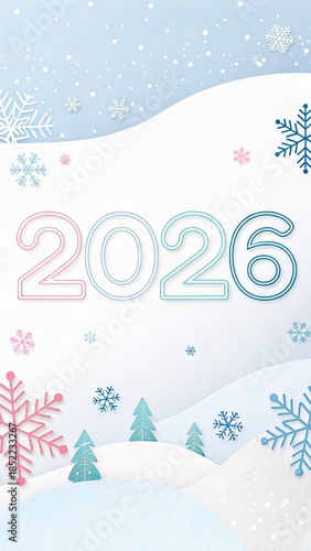 2026 Silver Winter Numbers On White Background With Snowflakes, New Year And Christmas Concept, Clean Copy Space For Banner, Poster, Greeting Card, Website Header, Seasonal Marketing Design