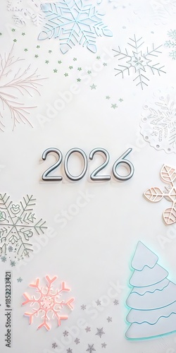 2026 Silver Winter Numbers On White Background With Snowflakes, New Year And Christmas Concept, Clean Copy Space For Banner, Poster, Greeting Card, Website Header, Seasonal Marketing Design