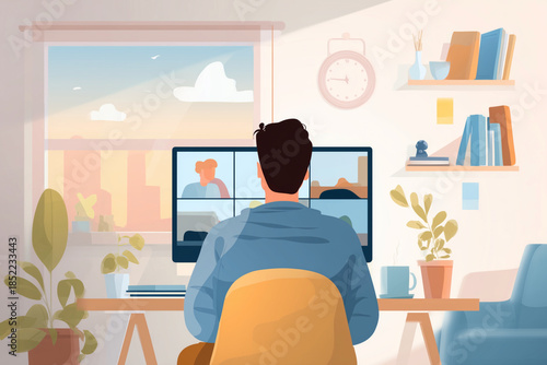 A man is sitting at a desk in front of a computer monitor